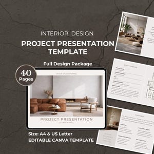 May include: A digital interior design project presentation template with 40 pages. The template includes a full design package and is editable in Canva. The design features a modern living room with a brown leather sofa and a white armchair.