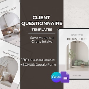 Op de afbeelding: Een digitale tablet en gedrukte formulieren met de tekst "CLIENT QUESTIONNAIRE TEMPLATES" en "DESIGN DISCOVERY FORM". De formulieren bevatten de tekst "180+ Questions Included +BONUS: Google Form" en "DESIGN CLIENT BRIEF". Het Canva-logo is ook zichtbaar.