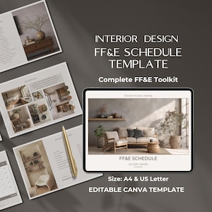 Könnte beinhalten: Eine Sammlung von Innenarchitekturvorlagen, darunter ein Tablet mit einer Wohnzimmerszene. Der Text lautet "INTERIOR DESIGN FF&E SCHEDULE TEMPLATE" und "EDITABLE CANVA TEMPLATE". Das Layout umfasst Projektübersichten, Materialboards und Zeitpläne.