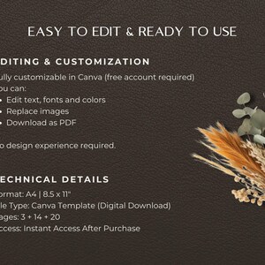 May include: A digital product advertisement on a dark brown background. Text reads "EASY TO EDIT & READY TO USE" and details editing options, technical details, and file type. A bouquet of dried flowers is in the corner.