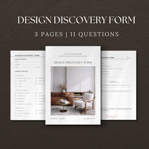 May include: Three-page design discovery form with the text "DESIGN DISCOVERY FORM" and "3 PAGES | 11 QUESTIONS". The form includes sections for client details and project details. The background is a dark brown leather texture.