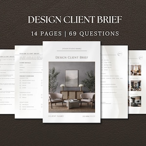 May include: A stack of white Design Client Brief documents with the text "DESIGN CLIENT BRIEF" and "14 PAGES | 69 QUESTIONS". The documents have a minimalist design with a dark brown background and an "INSTANT DOWNLOAD" icon.