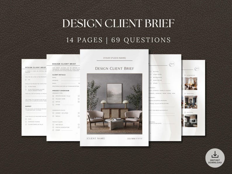 May include: A stack of white Design Client Brief documents with the text "DESIGN CLIENT BRIEF" and "14 PAGES | 69 QUESTIONS". The documents have a minimalist design with a dark brown background and an "INSTANT DOWNLOAD" icon.