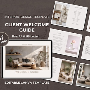 Op de afbeelding: Een digitale interieurontwerpsjabloon getiteld "Client Welcome Guide" met 17 pagina's. Het ontwerp bevat afbeeldingen van interieurruimtes en tekst. De sjabloon is beschikbaar in A4- en US Letter-formaten. De tekst "Editable Canva Template" is ook zichtbaar.