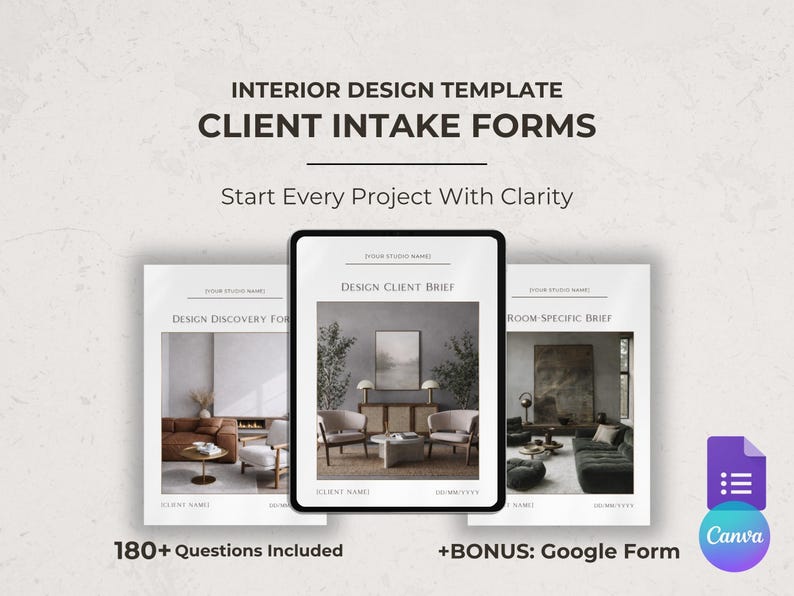 May include: A digital interior design template with client intake forms. The forms include a design client brief, design discovery, and room-specific brief. The image includes the text "Start Every Project With Clarity" and "180+ Questions Included".