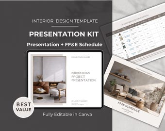 May include: An interior design presentation kit with the text "Presentation Kit" and "Presentation + FF&E Schedule". The kit includes a tablet displaying a presentation, and two printed schedules. The words "Best Value" are also visible.
