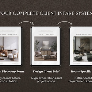 May include: An image showcasing a complete client intake system. Three digital tablets display forms: Design Discovery, Design Client Brief, and Room-Specific Brief. Each form features interior design images and text describing their purpose: qualifying clients, aligning expectations, and gathering requirements.