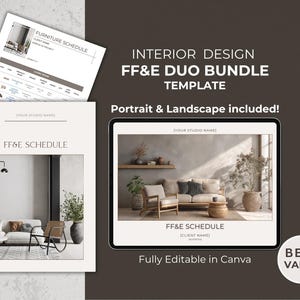 Pode incluir: Um pacote de modelos de design de interiores com o texto "INTERIOR DESIGN FF&E DUO BUNDLE TEMPLATE". A imagem mostra um tablet com uma cena de sala de estar e dois modelos de cronograma FF&E. O texto "Portrait & Landscape included!" também é visível.