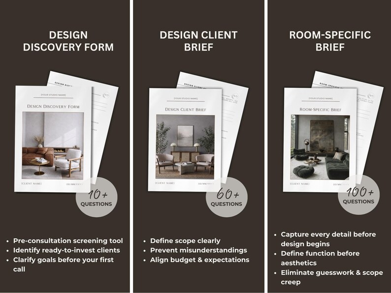 May include: Three white paper documents with text, titled "Design Discovery Form", "Design Client Brief", and "Room-Specific Brief". Each document has a photo of a room interior. The first has "10+ Questions", the second "60+ Questions", and the third "100+ Questions".
