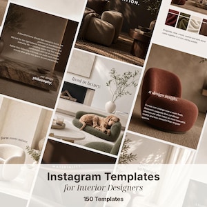May include: A collection of Instagram templates for interior designers featuring 150 templates. The images display various interior design scenes including a brown armchair, a dog on a green sofa, and text overlays.