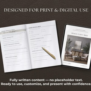 May include: A digital design client brief displayed on a tablet and a room-specific brief on an open notebook, with a gold pen. The text reads "DESIGNED FOR PRINT & DIGITAL USE" and "Fully written content - no placeholder text."
