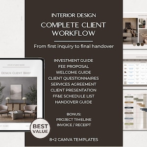 May include: An interior design client workflow template set featuring a digital tablet displaying a design client brief, alongside document previews including an investment guide, fee proposal, welcome guide, questionnaires, and project timelines.