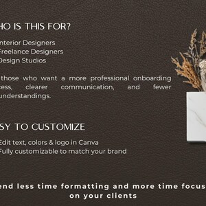 May include: A dark brown background with white text that reads "WHO IS THIS FOR?" followed by a list of interior design professionals. The text continues with "EASY TO CUSTOMIZE" and "Spend less time formatting and more time focusing on your clients."