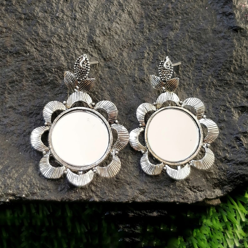 Afghani earrings Silver Flower Earrings indian jhumki German silver jewelry Mirror Flower Earrings boho jewelry Indian earrings