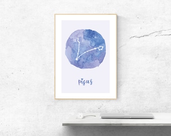 PISCES Star Sign Zodiac Astrology Horoscope Watercolour Colourful Print Poster Wall Art Gift Birthday A4 / A5