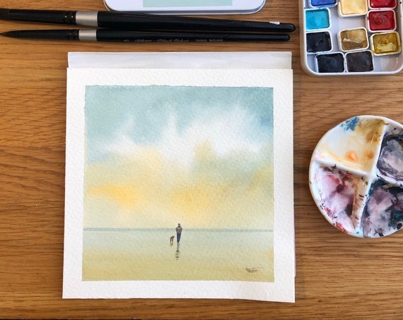 Square small original watercolour painting, Figure, child and dog on beach. Lovely, unique Mother's Day gift direct from the artist in UK