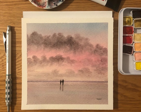 Square small original romantic watercolour painting, couple on beach. Gift for engagement, anniversary, wedding, birthday or retirement