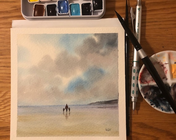Square small original watercolour painting, Mother and children on beach. Lovely, unique Mother's Day gift direct from the artist in UK