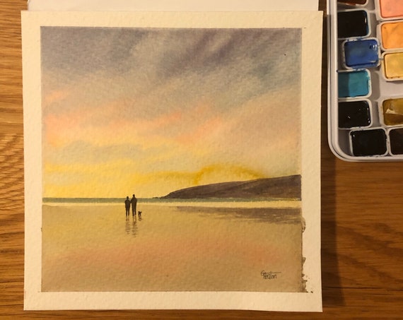 Square small original watercolour painting, Couple and dog on sunset beach. Lovely, unique watercolor art gift direct from the artist in UK
