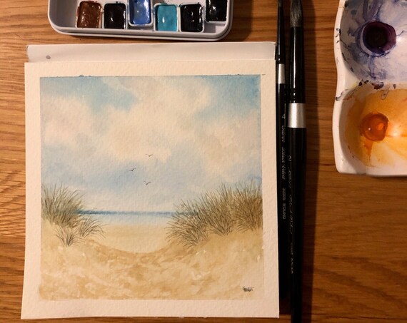 Square small original watercolour painting, Formby beach. Lovely, peaceful and unique watercolor art gift direct from the artist, England