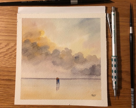 Square small original watercolour painting 'Lean On Me', Couple on stormy beach. Unique watercolor art direct from the artist, England UK