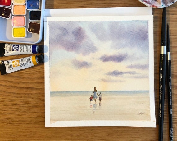 Square small original watercolour painting, Mother and children on beach. Lovely, unique Mother's Day gift direct from the artist in UK