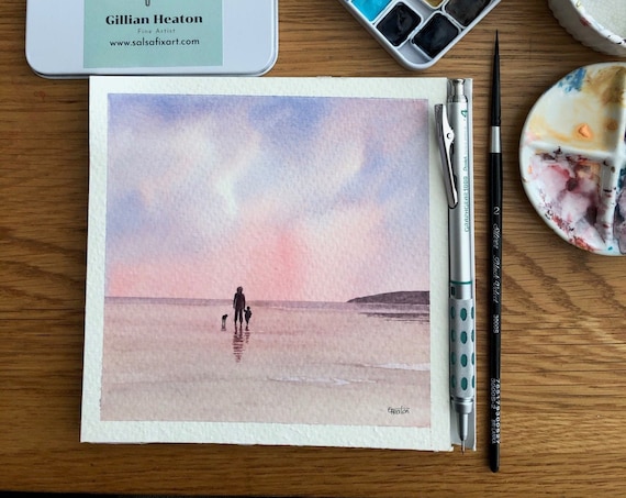 Square small original watercolour painting, Figure, child and dog on beach. Lovely, unique Mother's Day gift direct from the artist in UK