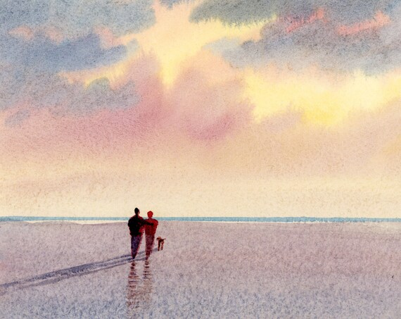 Original small watercolour beach painting, 'All We Need' original art, couple and dog on sunset beach, unique hand painted watercolor gift