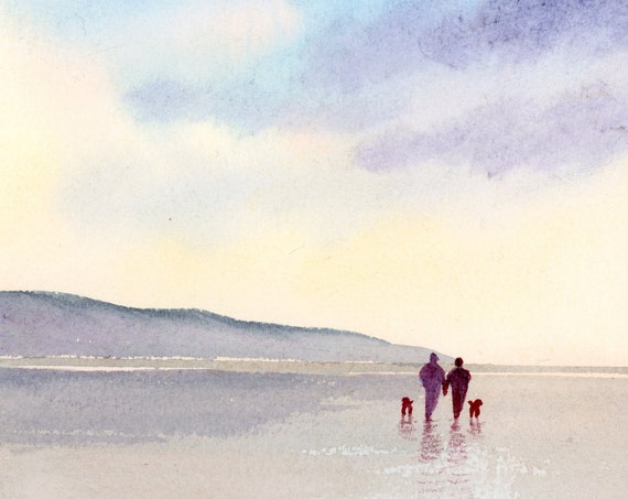 Original small watercolour beach painting, 'Time Out' original art, couple and dogs on beach, watercolor gift, dawn, dusk, father's day