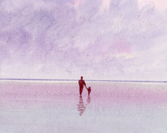 Original small watercolour beach painting. Figure and child on beach, unique art gift, Dad, family, art, purple coloured watercolor wall art
