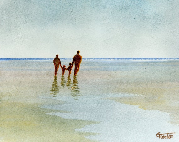 Original small watercolour beach painting, 'Family Ties' original art, couple and children on beach, unique gift parents or grandparents