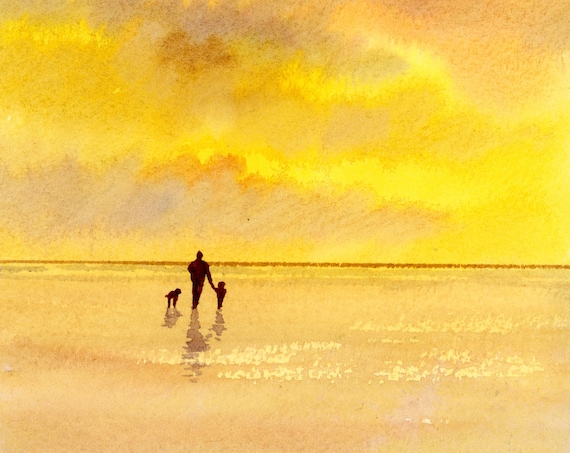 Original small watercolour beach painting. Figure, child and dog on sunset beach 'Sweet Memories' Father's Day gift, Dad, family, art, dogs