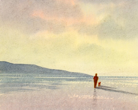 Original small watercolour beach painting, 'Peace And Quiet' original art, figure and dog on sunset beach, hand painted watercolor gift