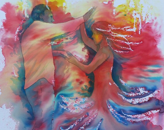 Original Watercolour and Ink A3 Abstract Painting of Dancers, Art, figures dancing in bold colours Bachata, Salsa, Kizomba, Tango dance