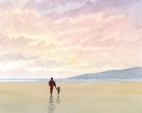 Original small watercolour beach painting. Figure and child on sunset beach. A unique art gift, free shipping to UK direct from the artist