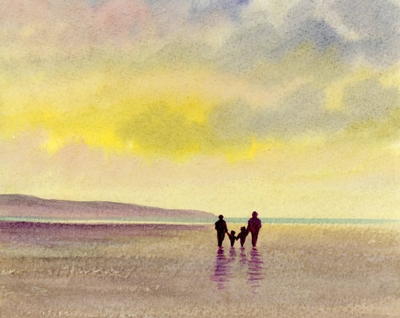 Original small watercolour beach painting, 'Family Time' original art, couple and children on beach, unique gift parents or grandparents