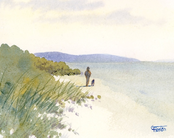 Original small watercolour beach painting, 'A Lovely Day' original art, figure and dog on beach, watercolor gift, sandunes, seaside, gift