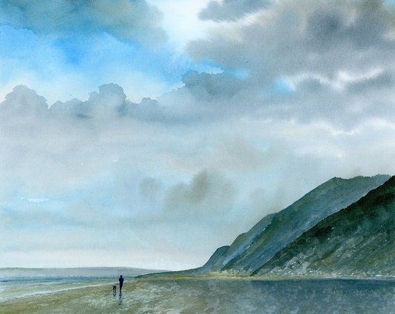 Original large 22" x 15" watercolour painting, figure and dog on Anglesey beach, big painting on 100% cotton paper, blues and greys seaside
