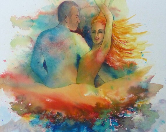 Original Watercolour and Ink A3 Abstract Painting of Dancers, Art, figures dancing in bold colours Salsa dance, dancing, jive