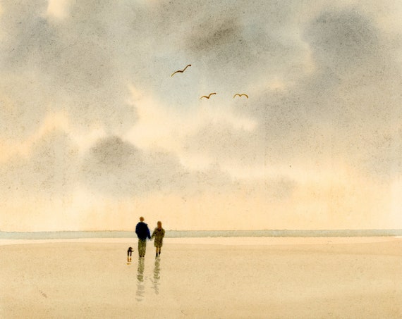 Original small watercolour beach painting, couple and dog on beach, hand painted watercolor gift A5 Size, UK artist. Stormy beach watercolor