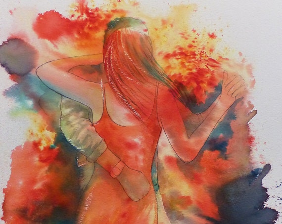 Original Watercolour and Ink A3 Abstract Painting of Dancers, Art, figures dancing in bold colours Bachata, Salsa, Kizomba, Tango dance