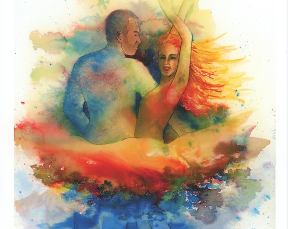 Limited edition just 50 worldwide fine art A4 print from an original watercolour 'Esa Mujer' signed and numbered, Salsa dancers, Modern Jive