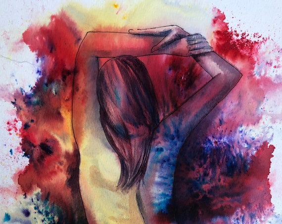 Original watercolour abstract female nude painting, 'Jessica' colourful modern art