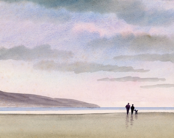 Original watercolour painting, couple and Poodle on stormy beach A4 size watercolor, original art gift direct from the artist in England UK