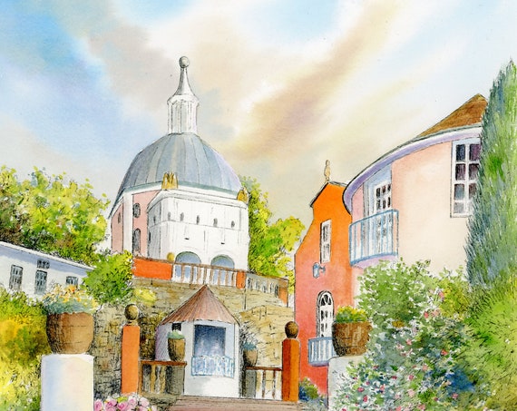 Original watercolour painting, 'The Dome', Portmeirion, Wales on 100% cotton Arches paper 26 x 36cm (14" x 10") watercolor, landscape art