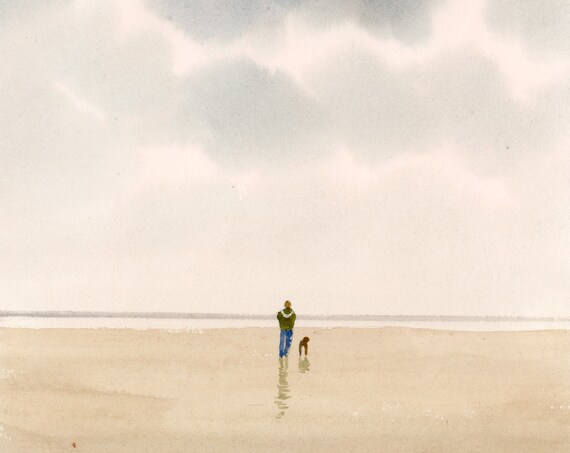 Original small watercolour beach painting, figure and dog on beach, hand painted watercolor gift A5 Size, UK artist. Stormy beach watercolor