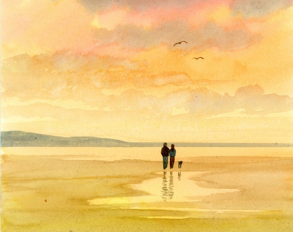 Original small watercolour beach painting, couple and dog on sunset beach, hand painted watercolor gift A5 Size, UK artist beach watercolor