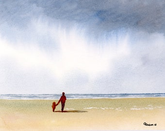 /'A Peaceful Stroll/' figure and dog on beach A4 size 297mm x 214mm Original watercolour painting watercolor unique gift 11.5 x 8.25