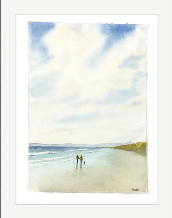Harlech Beach original watercolour painting on handmade deckle edged paper, couple & dog, mounted to fit 16 x 12 inch frame by G. Heaton