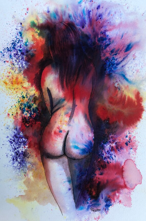 Original watercolour abstract female nude painting, 'Mia' colourful modern art